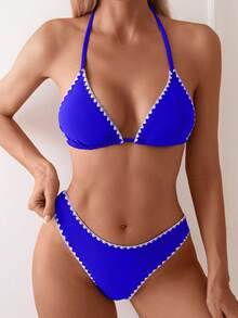 Swim Basics Bộ bikini hai mảnh cổ yếm dành cho nữ, thích hợp cho kỳ nghỉ hè ở bãi biển. - Xanh đậm - Xem 5