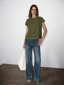 Lumivelle Camiseta casual de mujer de cuello redondo y botones de unicolor, primavera/verano - Verde - Ver 6