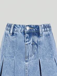 SHEIN 女童牛仔A字裙，夏季新品，浅复古牛仔蓝，松紧腰，时尚百褶裙，修身剪裁，适合日常、度假、上学、通勤、户外活动等多种场合。 - 藍色 - 查看 7