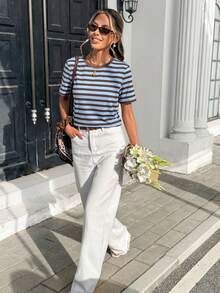 Muvela 2026女款休閒條紋圓領短袖T恤，夏季，女款休閒條紋短袖T恤夏季藍色與棕色圓領基本款T恤，夏季度假女款藍棕條紋休閒短袖T恤，女性假日 - 彩色 - 查看 5