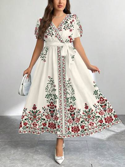 Modelyn Đầm dáng rộng, tối giản, họa tiết hoa retro, cỡ lớn, thích hợp cho mùa thu/đông.