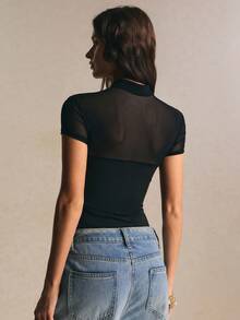 Poéselle New Chinese Style Mandarin Collar Solid Color Hollow Mesh Splice Semi-Sheer Bodysuit - Black - View 2