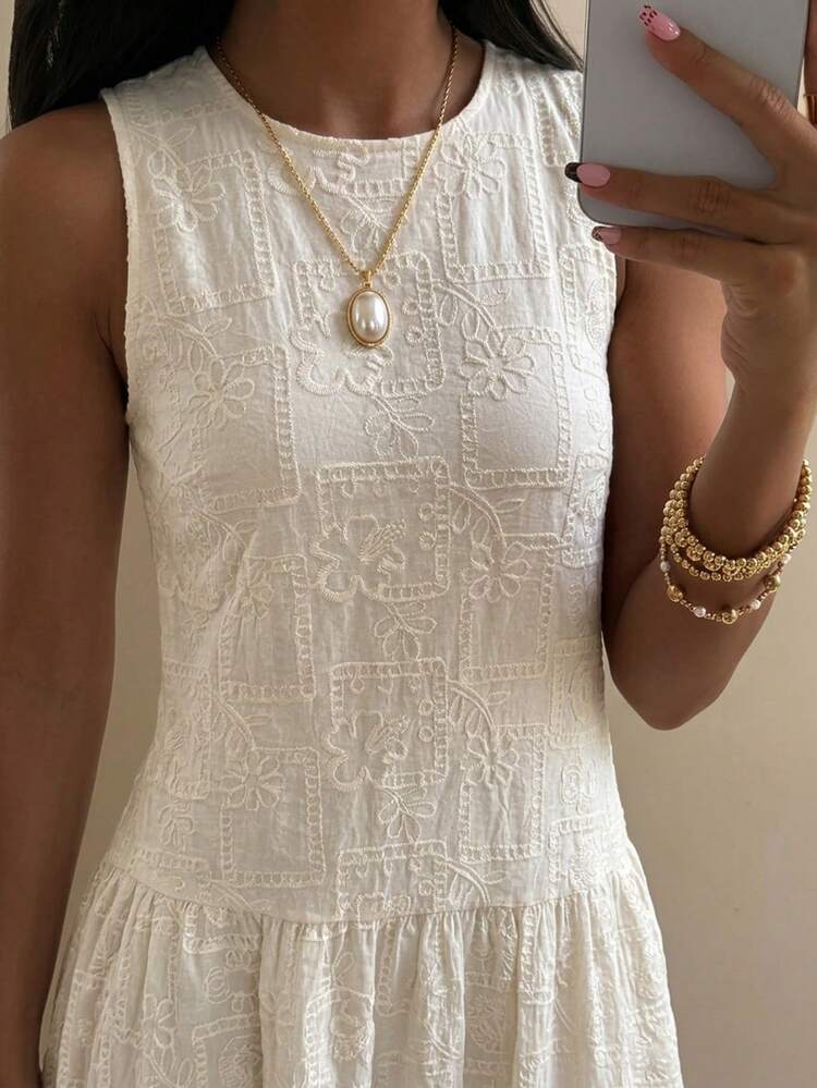 Women's Summer Beach Vacation Style Solid Color Embroidered Sleeveless Loose Long Dress