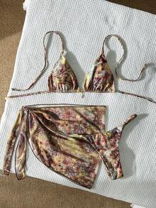 Costavie Bộ bikini 3 mảnh dành cho nữ, kiểu dáng cổ yếm, họa tiết ngẫu nhiên, đính kim loại, gồm áo và váy ngắn, thích hợp cho mùa xuân/hè. - Nhiều màu - Xem 3