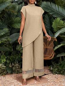 SHEIN Lady Bộ đồ đôi nữ cỡ lớn màu trơn cổ đứng vạt bất đối xứng gồm áo và quần ống rộng, kiểu dáng thường ngày. - Màu Khaki - Xem 6