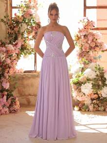 Glamrae Đầm dạ hội trang trọng, thanh lịch và sang trọng màu tím nhạt, thêu đính cườm, phối lưới, trang trí pha lê thủ công, không dây vai, xếp ly với chân váy xếp tầng rộng và đuôi váy dài, dành cho nữ. - Màu tím hoa cà - Xem 3