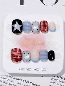 Móng giả hình hạnh nhân, 10 chiếc, làm thủ công, đơn giản, thời trang, họa tiết ngôi sao, kẻ caro, thiết kế mắt mèo tươi tắn, độ phủ toàn diện, dễ dán và bền lâu, thích hợp cho nữ giới đi biển, đi nghỉ mát, dự tiệc và sử dụng hàng ngày. Dụng cụ làm đẹp móng tay. - Nhiều màu - Xem 10