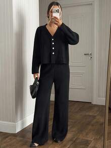 SHEIN Solid Rhinestone Button Front Knit Cardigan & High Waist Wide Leg Pants Set - Black - View 3