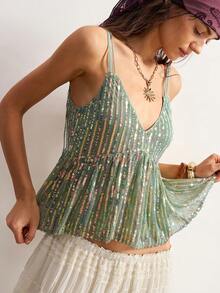 Bohemela Áo camisole nữ đính sequin, xếp ly, kiểu dáng thường ngày, đa năng. - màu xanh lá - Xem 7