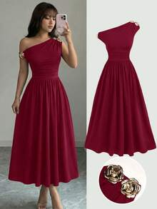 SHEIN Đầm midi xếp ly thanh lịch dành cho bé gái và thiếu niên, kiểu dáng ôm sát, cổ lệch vai, khóa kim loại trang trí, màu đỏ tía. - Màu Đỏ Sâu - Xem 3