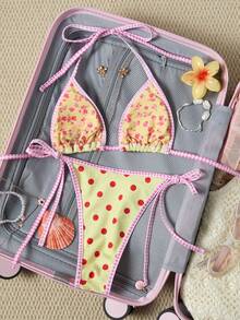 Swim Mod Women's Summer Beach Golf White Patchwork Halter Tie Sexy Bikini And Triangle Briefs Swimwear Set - Light Yellow - View 2