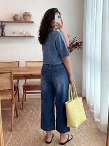 Áo thun tay ngắn họa tiết bông tuyết bằng cotton giặt cỡ lớn, màu xanh navy, mùa xuân - Màu xanh hải quân - Xem 3