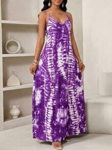 SHEIN Lady Đầm slip nữ kiểu tie-dye có túi, thích hợp cho kỳ nghỉ. - Màu tím - Xem 5
