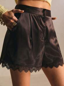 Poéselle Satin & Lace Patchwork Slant Pocket Elegant Wide Leg Shorts, Brown Shorts,Summer Outfits For Women,Spring/Summer - Coffee Brown - View 1