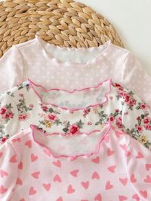 SHEIN 女婴圆领荷叶边短袖上衣和裤子睡衣套装 - 彩色 - 查看 7