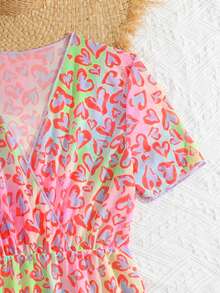 SHEIN Tween Girls' Summer Vacation Beach Leopard Print Overlap Collar Short Sleeve Cover-Up - Pink - View 4