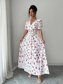 Balvessa Women's Elegant Floral Print Metal Buckle Decor Short Sleeve Dress, Suitable For Summer Vacation Vacation Light Pink - Baby Pink - View 6