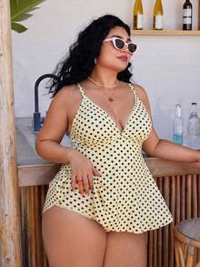 SHEIN Swim Mod Plus Size Women's Polka Dot Print Deep V-Neck Ruffle Top Paired With Regular Trousers, Flattering Silhouette Beach Atmosphere Women's Swimsuit Set - Multicolor - View 1