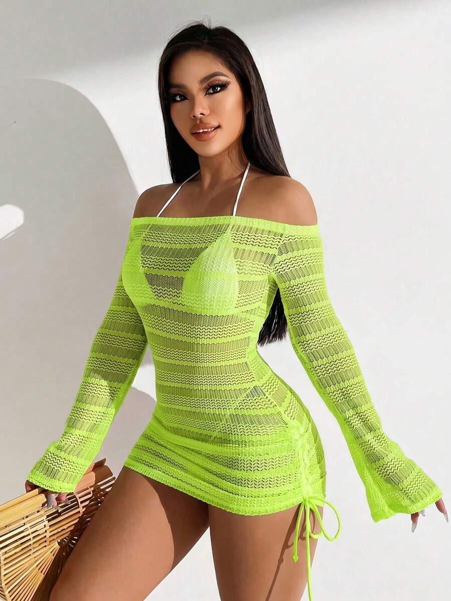 SHEIN X Sofía Suescun Swim SXY Vestido de playa con hombros descubiertos de manga larga en color verde neón, para vacaciones - Verde - Ver 1