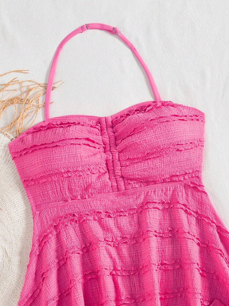 SHEIN Đồ bơi Tankini cho bé gái tuổi teen, đồ bơi hai mảnh màu đỏ hồng tươi sáng, chất liệu vải dệt nhiều lớp, thiết kế bèo nhún, áo hai dây buộc cổ và quần cạp cao, nhanh khô, thoáng khí, thích hợp cho bé gái lớn đi biển, vui chơi dưới nước, đồ bơi thường ngày cho bé gái, bộ đồ bơi cho tuổi teen, bộ bikini cho bé gái. - Màu Hồng Tươi - Xem 3