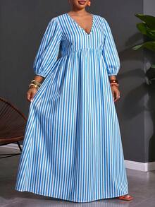 SHEIN CURVE+ Plus Size Women's Casual Beach Vacation Striped Print Deep V-Neck Lantern Sleeve Waist Tie Dress, Spring/Summer/Autumn - Blue - View 3