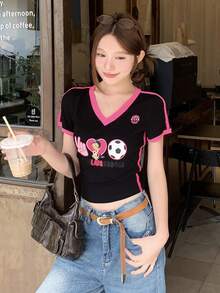 DAZY Women's Soccer Print V-Neck Short Sleeve Casual Street Wear Y2k Versatile T-Shirt Graphic Tee Summer Night Out Black And Pink - Black - View 9