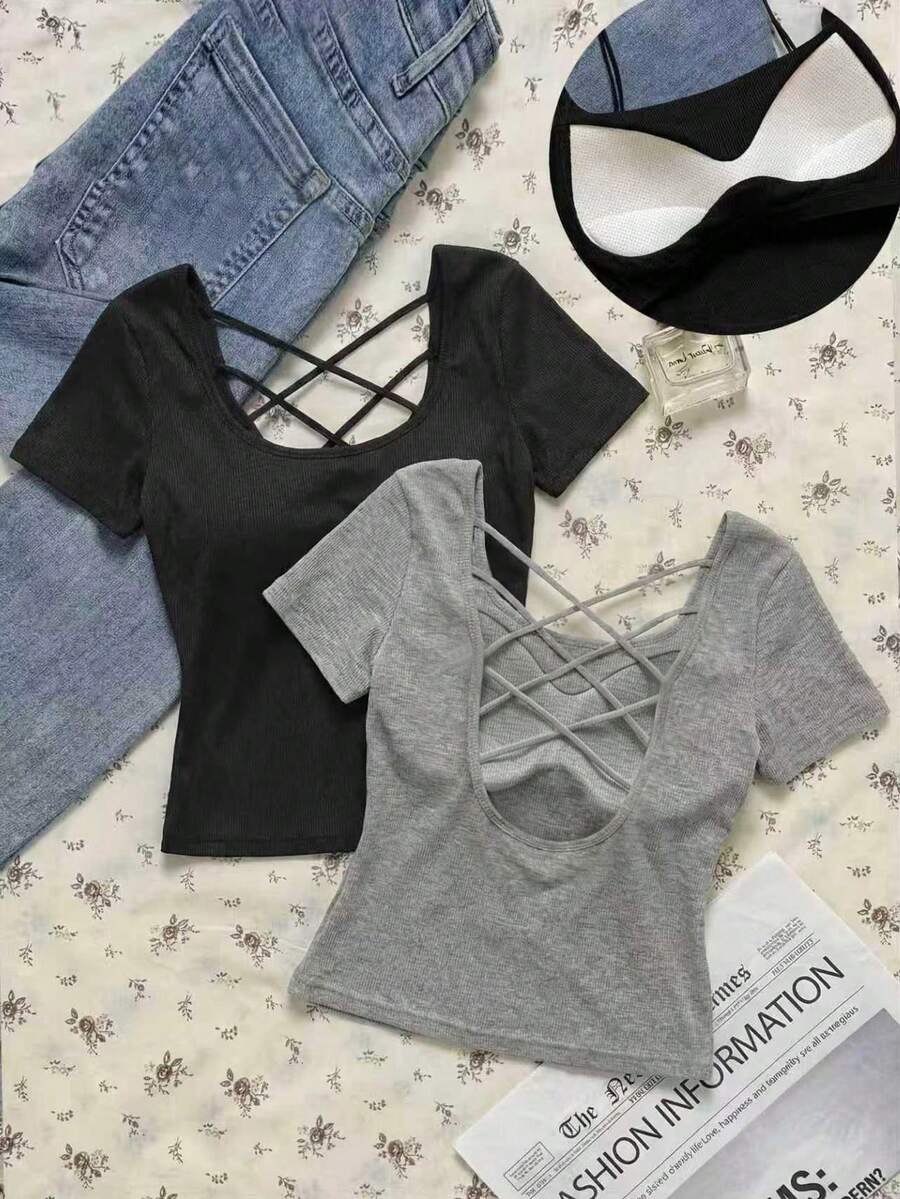 SHEIN EZwear 休闲纯色吊带T恤,带衬垫胸罩,夏季上衣,罗纹T恤,适合日常通勤、约会、聚会、秋冬夏三季、圣诞节、新年、感恩节、派对、婚礼、海滩、毕业典礼等场合,时尚、优雅、休闲、外出、约会、预订、通勤、闪亮、情人节、优雅、度假、休闲、Y2K、外出、毕业典礼等。 - 彩色 - 查看 1