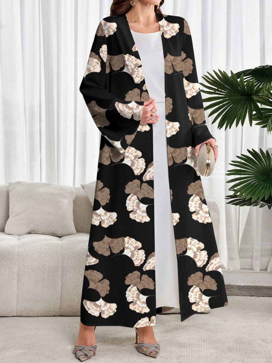 SHEIN Najma Áo choàng dài kiểu Ả Rập dáng rộng, tay loe, tối giản, kín đáo, in toàn bộ họa tiết. - trắng - Xem 1