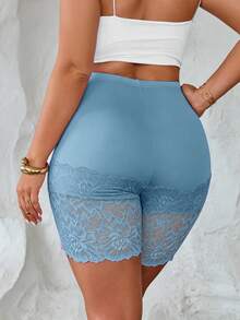 Elenzga Quần legging nữ cỡ lớn phong cách tối giản thường ngày, quần ngắn bó sát phối ren dệt kim tương phản, chất liệu mềm mại, thoải mái, thân thiện với da. - Màu xanh bụi bặm - Xem 3