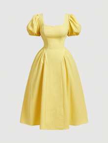 SHEIN MOD Đầm vàng cổ vuông cỡ lớn, thích hợp cho kỳ nghỉ thoải mái, trang phục thanh lịch hàng ngày, trang phục du lịch, phong cách tươi sáng, thiết kế phá cách. - Màu vàng - Xem 8