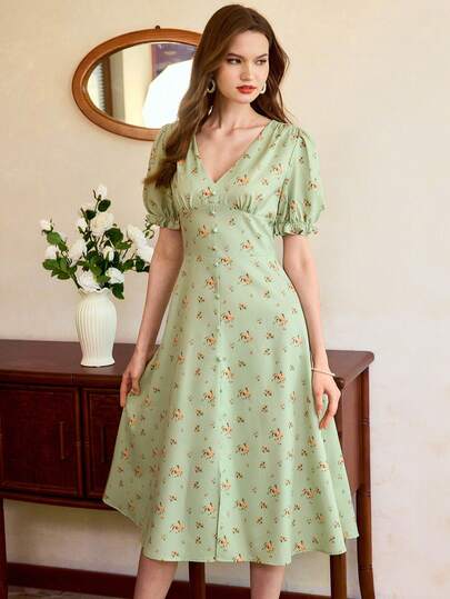 Vintamour Vintage Floral Print Bodycon Dress, Spring/Summer Vacation Dress, Short Sleeve V-Neck Green Dress