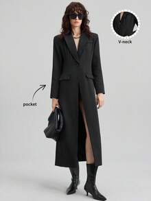 Ontre 2025 Women's Autumn Black Long Sleeve Extended Blazer,Chic Smart Office Wear,Minimalist Waist Cinched Lapel Collar,High-Quality Retro Business Casual - Black - View 2
