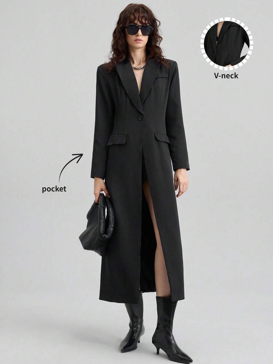 Ontre 2025 Women's Autumn Black Long Sleeve Extended Blazer,Chic Smart Office Wear,Minimalist Waist Cinched Lapel Collar,High-Quality Retro Business Casual
