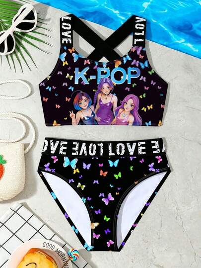 Bộ đồ bơi thời trang mới cho bé gái, áo tankini và quần bơi 2 mảnh in họa tiết, họa tiết in kỹ thuật số dễ thương.