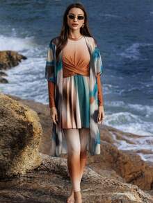Swim Mulvari Bộ 3 món đồ đi biển mùa hè thanh lịch, trang phục nhuộm tie-dye, váy thắt eo cho nữ, đồ đi biển trang nhã, burkini duyên dáng và lịch sự. - màu nâu - Xem 3