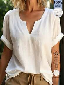 EMERY ROSE Women's Casual Daily Commute Simple Solid Color V-Neck Rolled Hem Short Sleeve White Top Cotton Linen - White - View 1