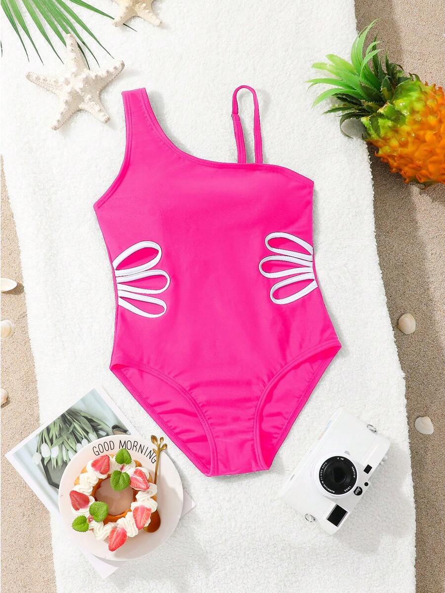SHEIN Áo tắm liền thân lệch vai cho bé gái tuổi teen, thiết kế khoét hông, thời trang và thoải mái, thích hợp cho bơi lội, kỳ nghỉ hè và hồ bơi. - Màu Hồng Tươi - Xem 1