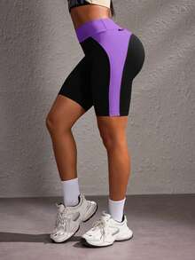 Powerista Women's Blue Color Patchwork Slim-Fit Casual Sport Shorts, For Daily Fitness & Gym, Everyday Wear Casual Airport Back To School Winter Elegant Spring Summer Running Yoga Pitalles Indoor Outdoor Activie Casual Capsule Wardrobe Everyday Oversized Tee Airport Back To School Winter Elegant Summer All Season - Purple - View 3