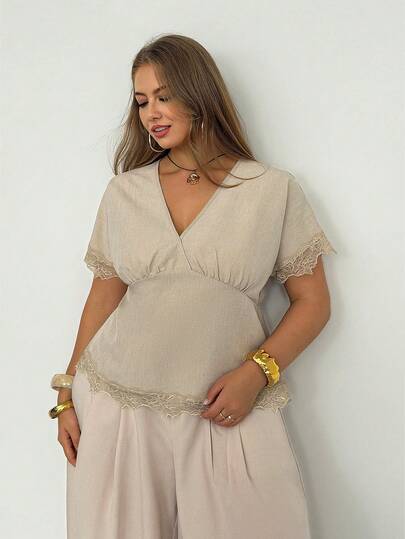 Auralis New Summer V-Neck Lace Patchwork Loose Hem Plus Size Short Sleeve Blouse/Elegant Office Wear/Mermaid Style High-End Party Top/Beige/Apricot/Bohemian Holiday