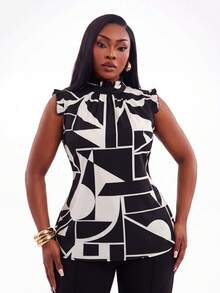 Radiana Plus Size Women's Spring And Summer Sexy Black And White Printed Fabric Ruffled Neckline And Cuffs Decorated Sleeveless Shirt, Suitable For Early Spring, Spring And Summer, Rainforest, Beach Party, Seaside Vacation, Bonfire Party, Cool And Light, Slim Fit, Comfortable To Wear, Easy To Match&Looks Slim, Accent Your Body, Flatter The Figure - Black and White - View 5
