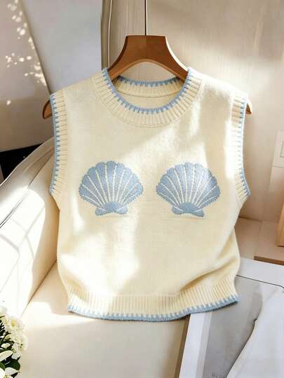 SHEIN Franclia Vacation Summer Outfit Round Neck Contrast Color Sleeveless Jacquard Ocean Shell Pattern Summer Top, Contrast Yellow And Light Blue Women Knit Top