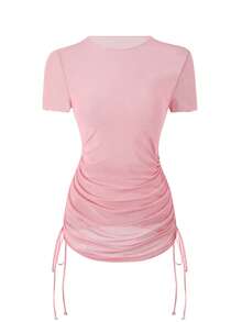 Swim Vcay Women's Vacation Solid Color Round Neck Short Sleeve Drawstring Design Cover-Up Dress - Pink - View 2