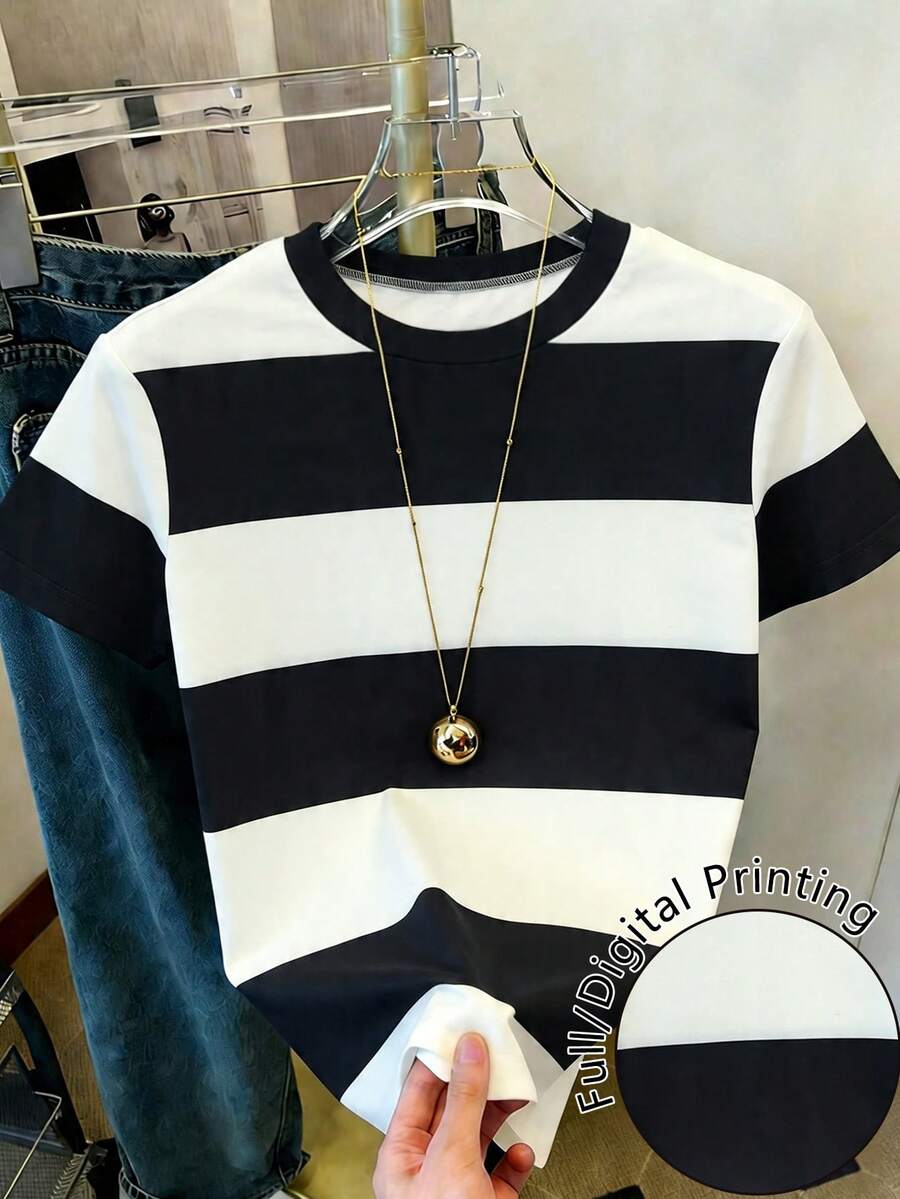 Resyla Women's Colorblock Striped Print Casual Round Neck Short Sleeve T-Shirt, Summer - Multicolor - View 1