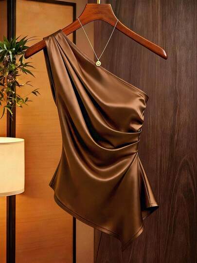 SHEIN Franclia Women's Summer Asymmetrical Hem Sleeveless Blouse With Shoulder And Waist Ruching, All-Match Silhouette, Satin Fabric, Versatile Elegant Commuter Style Summer Top