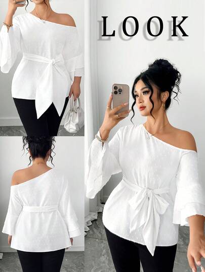 Elenzga Plus Size Women's Solid Color Asymmetric Shoulder Knot Waist Design Fashionable Versatile Casual Blouse