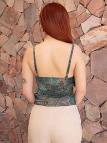 FER DURAN FER DURAN Women's Millennial Y2K Sexy Bohemian Retro Teal Paisley Print Asymmetrical Hem Ruffled V-Neck Slim Fit Camisole - Black - View 2