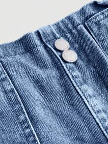 SHEIN 年轻女孩新款度假向日葵荷叶边弹力腰舒适柔软宽松休闲时尚牛仔裤 - 中等水洗藍 - 查看 5