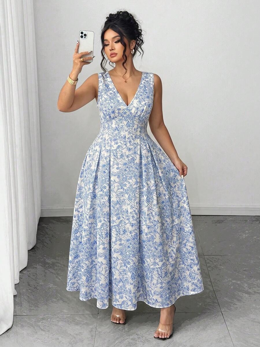 Elenzga Vestido de línea A con cintura ceñida, cuello en V y sin mangas con estampado floral elegante para mujer de talla grande, primavera temprana - Azul - Ver 1