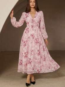 BELROSIE Vintage Polka Dot V-Neck Slimming Elegant Tie-Front Long Sleeve Chiffon Dress - Pink - View 5
