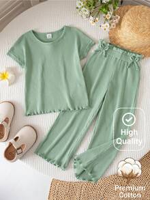 Bộ đồ thể thao mùa hè giản dị dành cho bé gái: áo thun tay ngắn raglan co giãn, dáng rộng thoải mái và quần ống đứng. - Nhiều màu - Xem 1